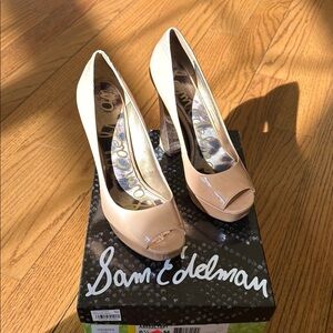 Sam Edelman Beige Patent Peep-Toe Platform Heels